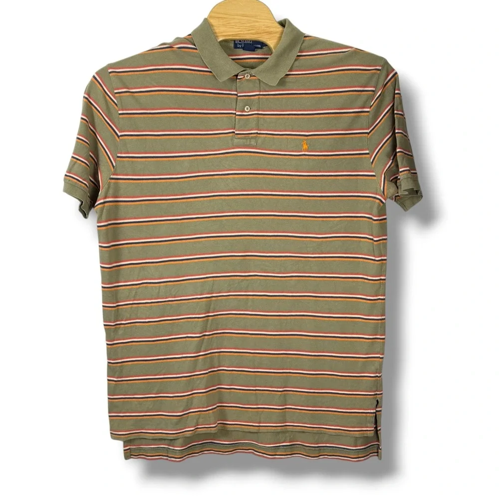 Vintage Polo Ralph Lauren Polo Shirt Men XL Tan Striped Fade Pique Cotton Pony‎